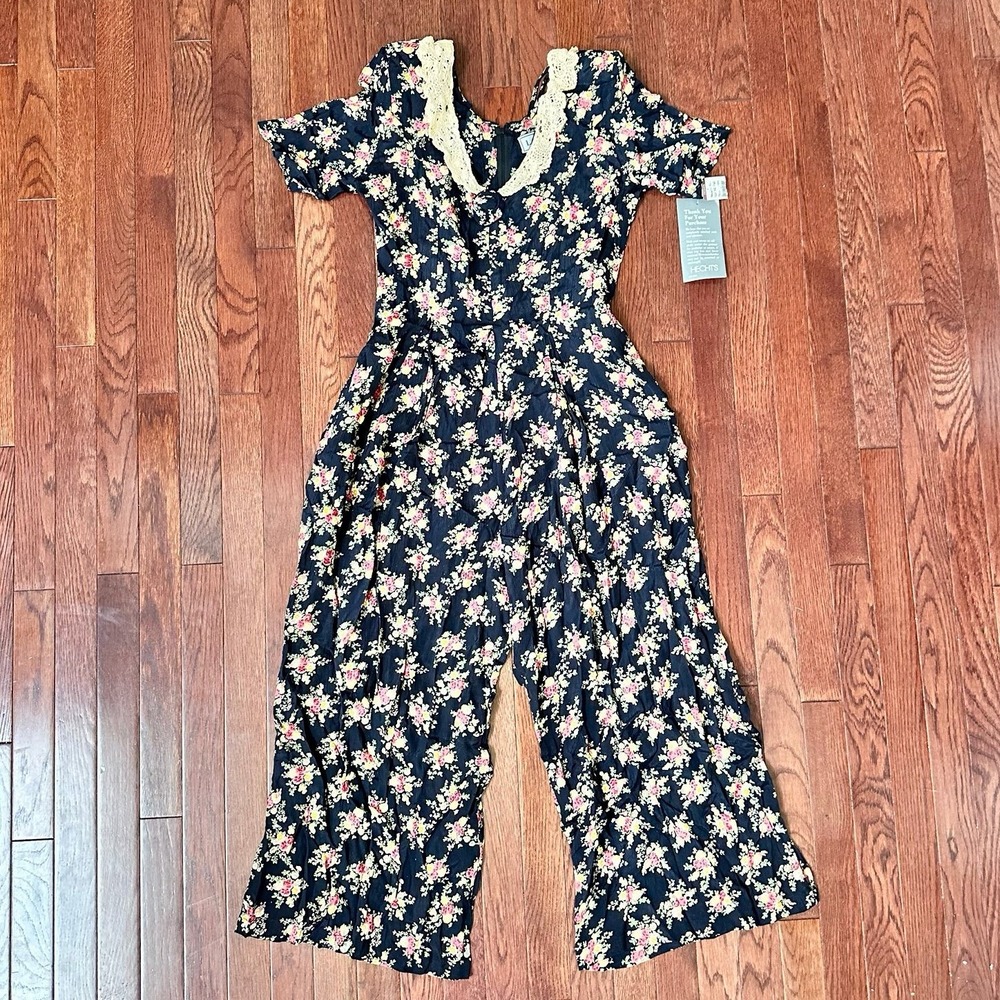 Vintage LGS Hechts Navy Blue Romantic Floral Tie Back Jumpsuit Beige Lace